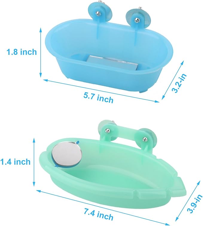 Wontee Bird Bath Box with Mirror Portable Parrot Hanging Bathroom Bathing Tub for Small Birds Cleaning Supplies (Blue(B)+Green)