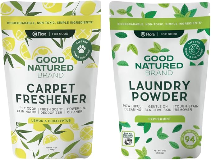 Good Natured Brand | Laundry Bundle | Carpet Freshener Lemon & Eucalyptus 47oz | Pet-Friendly Carpet Deodorizer | Laundry Powder Peppermint 47oz | Hypoallergenic Laundry Powder 94 Loads