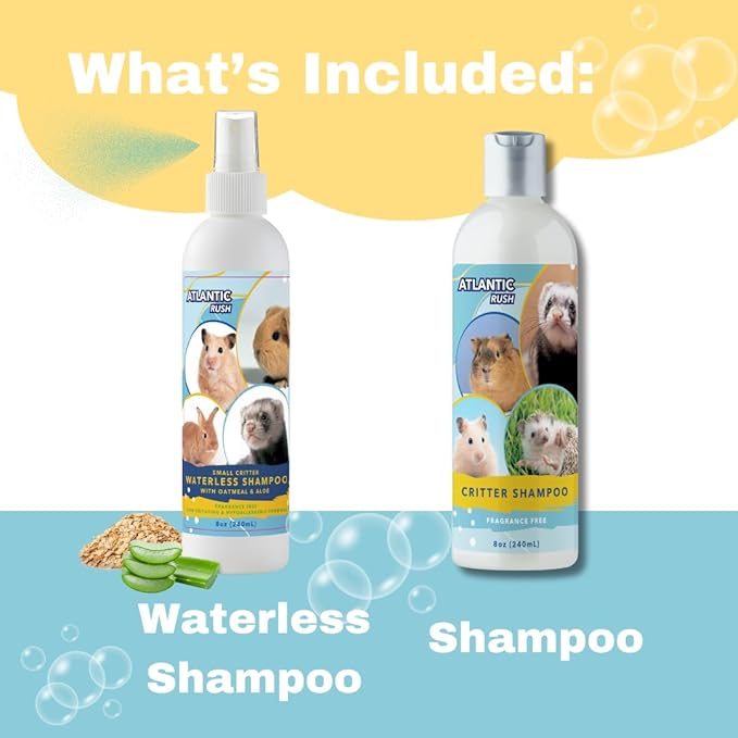 Small Critter Shampoo Bundle - 8oz Fragrance Free & 8oz No Rinse Shampoo for Ferrets, Guinea Pigs, Hedgehogs, Sugar Gliders, Rabbits & Hamsters - Small Animal Complete Bathing Set
