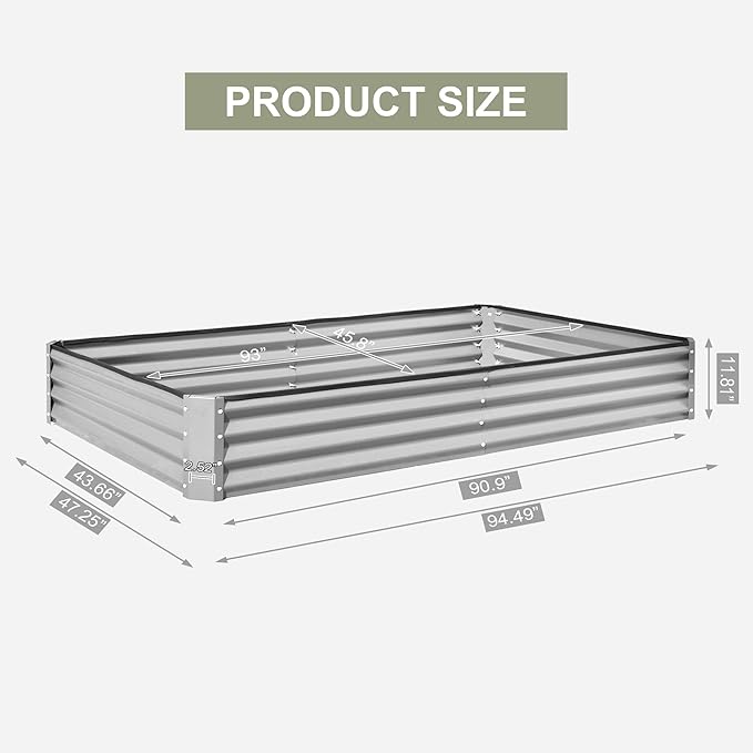 Domi Galvanized Raised Garden Bed, 8x4x1Ft Thickening Metal Planter Box for Vegetables Bottomless for Backyard Outdoor, 1" Deep w/ 228 Gallon Capacity - Silvery