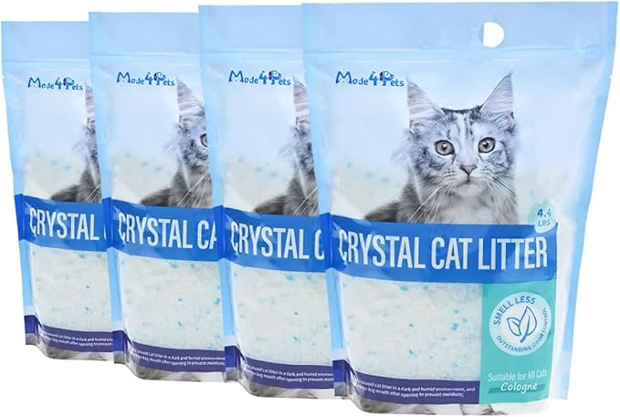 Made4Pets Cat Litter Crystals, Non Clumping Cat Litter Odor Control Kitty Litter Non Clumping No scooping Low Dust, Low Tracking, Lightweight, Dehydrates Waste,Cologne– 17.2 lbs (4 x 4.3 lb Packs)