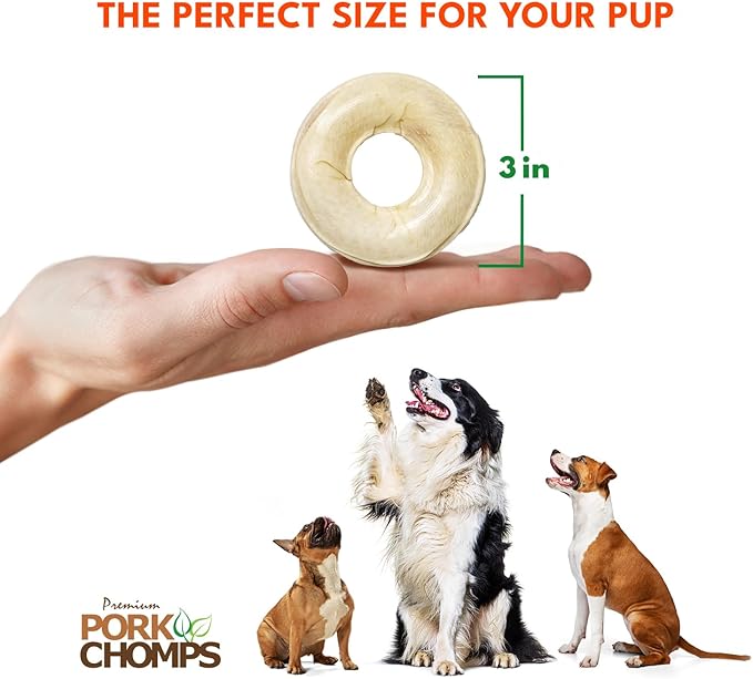 Pork Chomps Pressed Pork Skin Dog Chews, 2.5-inch Rings, Real Chicken, 8 Count (Pack of 2)