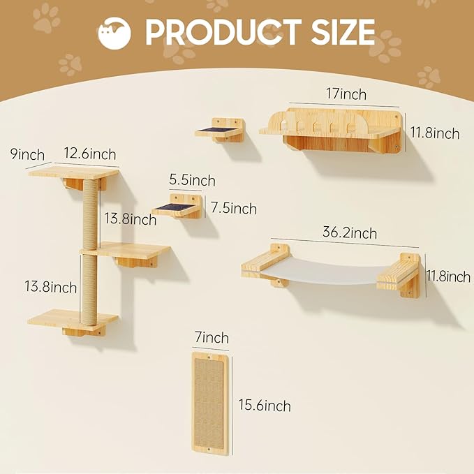 Cat Wall Shelves, Set of 6 Wooden Cat Wall Furniture Includes Scratching Post with 3 Steps, Jumping Platform, Hammock and Scratcher Board for Kittens