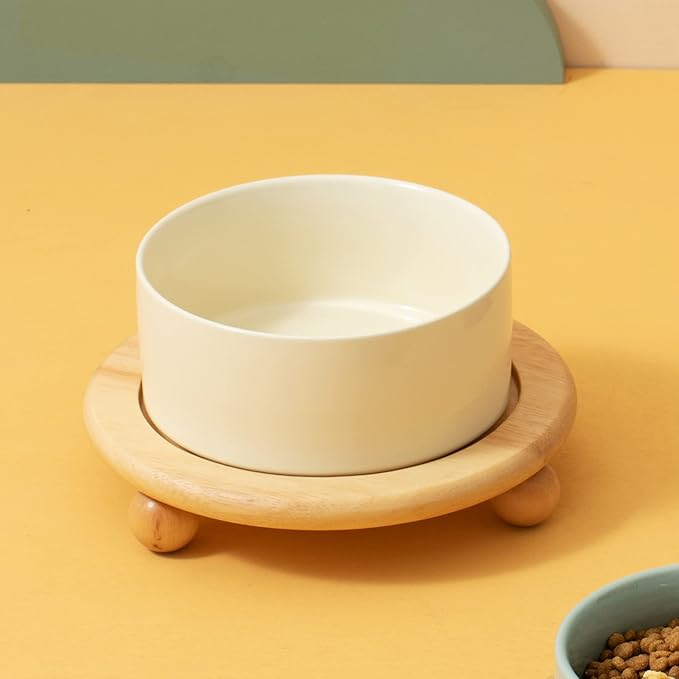 Ceramic Elevated Cat Food and Water Bowl, Kitty Bowl, Raised Cat Dish, Pet Feeder (5.1 in,1 x Beige + Stand)