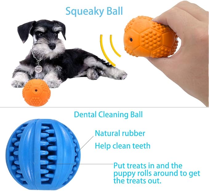Puppy Balls - Pack with Different Functions & Teething Toys for Small Dogs, Squeaky Dog Balls, Rubber Chew Toys for Enrichment