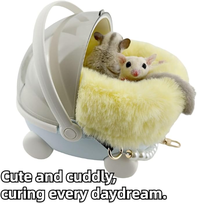 Sugar Glider Carrier Cage with Warm Nest, Cushion, Mat and Safe Lock, Portable Cages with Chain, Small Animals Travel Carrier Plastic Breathable Outgoing Box for Hamsters (Purple)