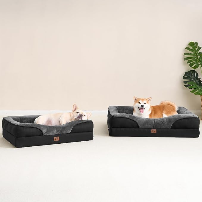 EHEYCIGA Memory Foam Dog Bed for Large Sized, Orthopedic Dog Sofa with Sides and Waterproof Liner, Washable Bolster Pet Bed Couch with Removable Cover, 36x27x7 Inch, Grey/Black