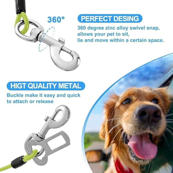 Dog Seat Belt Harness for Car,Dog Seatbelt of Coated Wire Leash Safety Restraint,No Chew Tether Cable Vehicle,Double Clips & Latch (Green, 32 inch/80 CM)