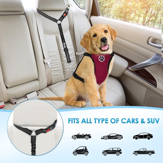 SlowTon Dog Seat Belt for Car, 2 Pack Dog Car Harness Seatbelt Adjustable with Elastic Bungee Buffer, 2 in 1 Pet Car Leash Headrest Restraint Dog Reflective Safety Tether (Black, Headrest)