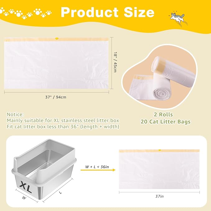 Litter Box Liners 20 Count, 37" x 18" Jumbo 3MIL Thicken Cat Litter Bags Tear Resistant Disposable Cat Litter Liners for XL Stainless Steel Litter Box and Other Suitable Size Litter Box