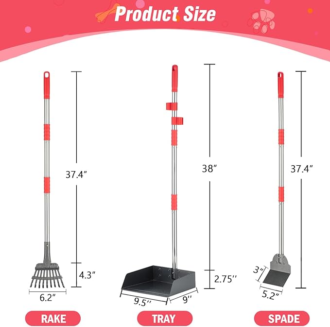 Dog Pooper Scooper Set, Pooper Scooper for Dog, Heavy Duty Stainless Steel Rake with Extra Large Tray & Spade No Bending Clean Up for Pet Waste Removal, for Grass, Dirt Or Gravel.