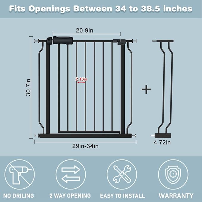 Extra Wide Baby Gate Black 34-38.5 Inch Wide Walk Through Pressure Mounted No Drill Long and Large Tension Metal Gate for Dog and Toddler