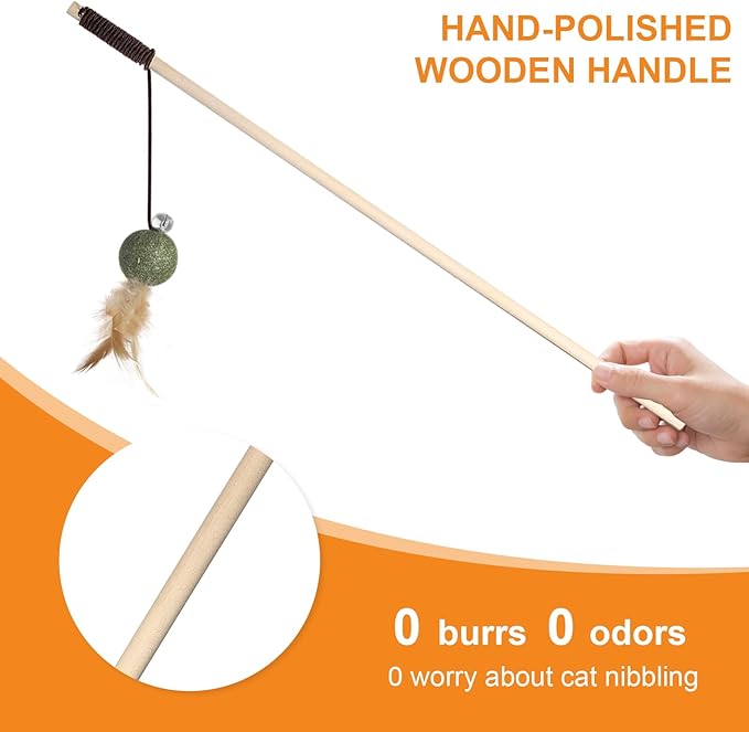 Cat Feather Toys with Catnip Ball, Feathers & Bell - 2 Replaceable Mouse Heads, Elastic Rope & Wooden Handle for Aggressive Kittens, Durable Bite-Proof Interactive Cat Teaser for Indoor Play