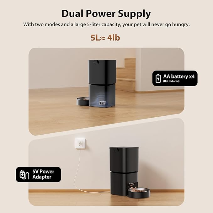 Automatic Cat Feeder, 5L/21 Cup Timed Automatic Pet Feeder, Dual Power Auto Dog Feeders, Pet Dry Food Dispenser for Cats & Small Dogs, 1-10 Meal Programmable 1-15 Portion Control Cat Feeder(Not WiFi)
