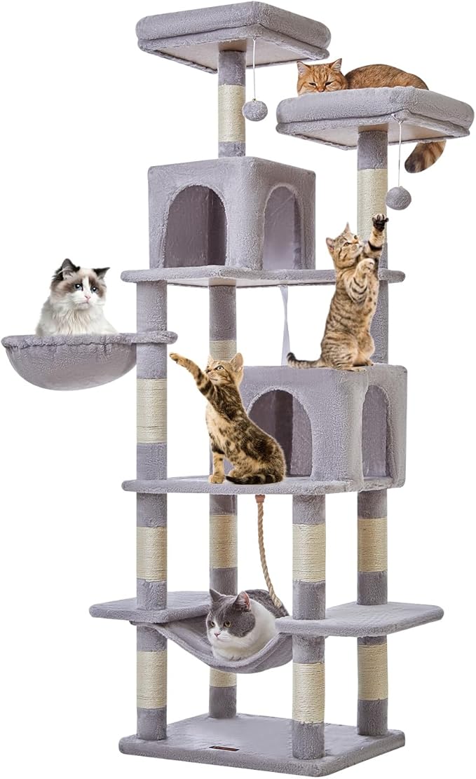 Taoqimiao Cat Tree, 71.7-Inch Cat Tower for Indoor Cats, Plush Multi-Level Cat Condo with 13 Scratching Posts, 2 Perches, 2 Caves, Hammock, 2 Pompoms,Light Gray MS013LW