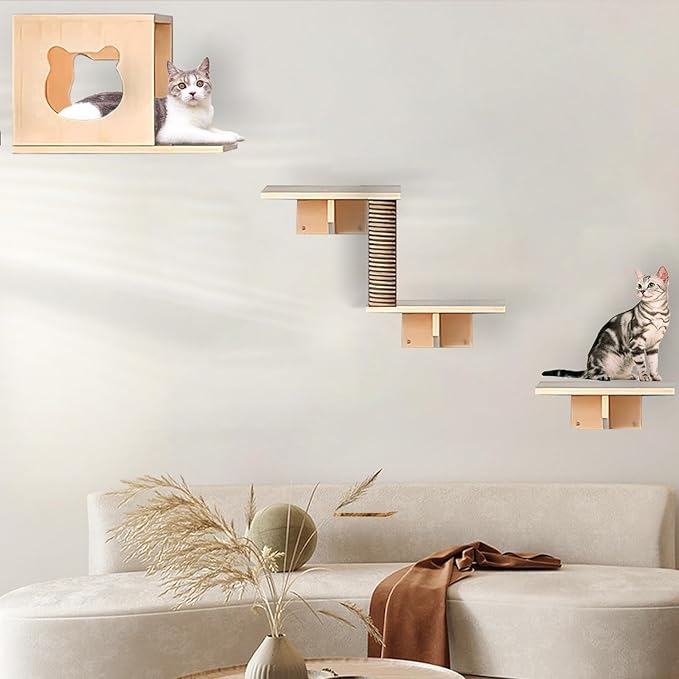 Cat Wall Shelves and Furniture Set with Condos, Perches, Bridge Ladders, Sisal Scratching Posts - Steps and Houses for Cats (C)