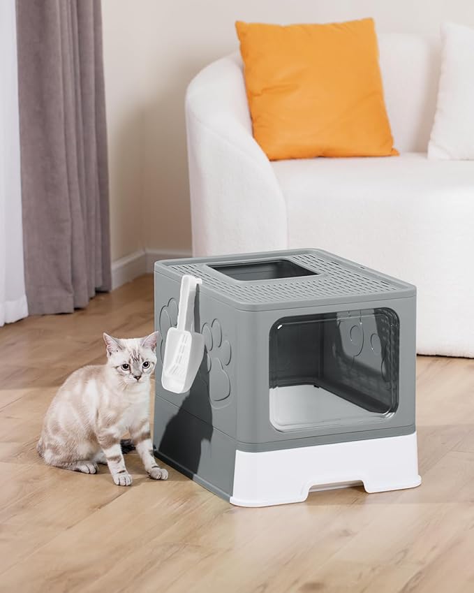 Enclosed Cat Litter Box, Large Litter Box for Big Cats, Covered Kitty Litter Boxes with Lid, Top Entry Cat Box Enclosure with Scoop, Odor Control, Easy to Clean(Grey)