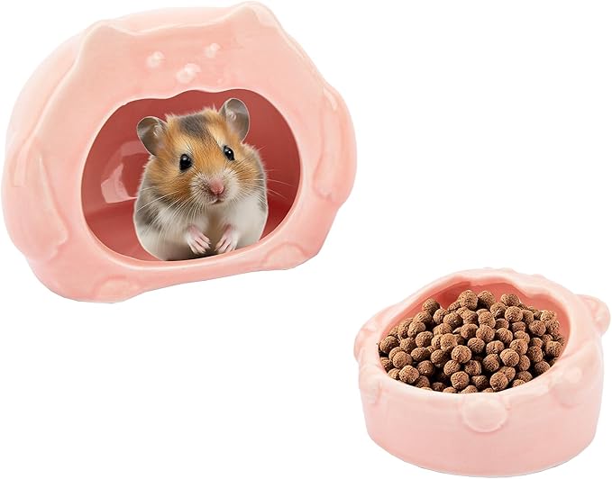 Bear-Shaped Hamster Hideout & Food Bowl Set - Ceramic Habitat for Syrian Dwarf Hamsters, Mice, Gerbils - All-Season Use, Chew-Proof Ceramic House and Feeding Dish for Small Pets(Pink)