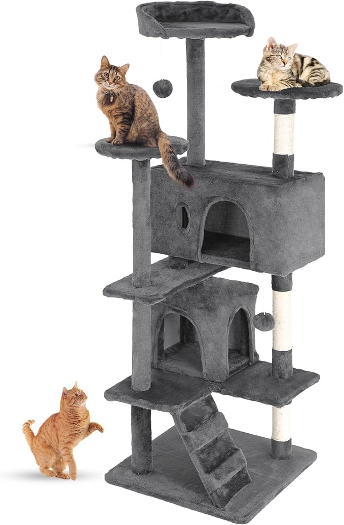 FDW Cat Tree 54in Cat Tower Multi-Level Durable Cat Scratching Post & Cozy Fun Cat Jumping Platform Space Saving Cat Condo Pet Play House for Indoor Cats,Light Gray