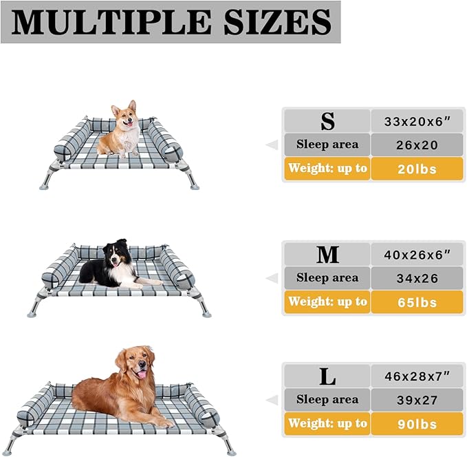 Elevated Raised Dog Bed Cot - Cooling Dog Bed with Pillows, Portable Washable Pet Cot with Metal Frame for Indoor & Outdoor Use