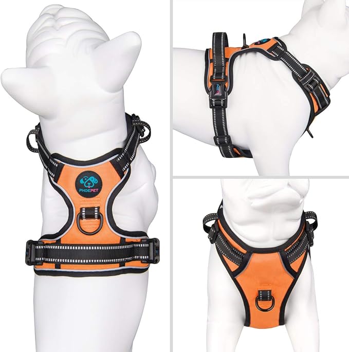 PHOEPET No Pull Dog Harnesses for Small Puppies Reflective Adjustable Front Clip Vest with 2 Metal Leash Clips and Soft Handle(XS, Orange)