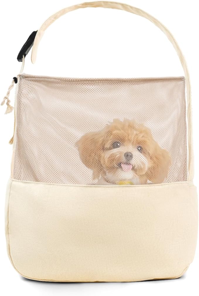 Dog Sling Carrier for Small Dogs and Cats, Lightweight Collapsible Pet Travel Bag with Adjustable Strap, Side Pockets & Breathable Mesh (Beige, 15.7" L x 5.9" W x 8.6" H)