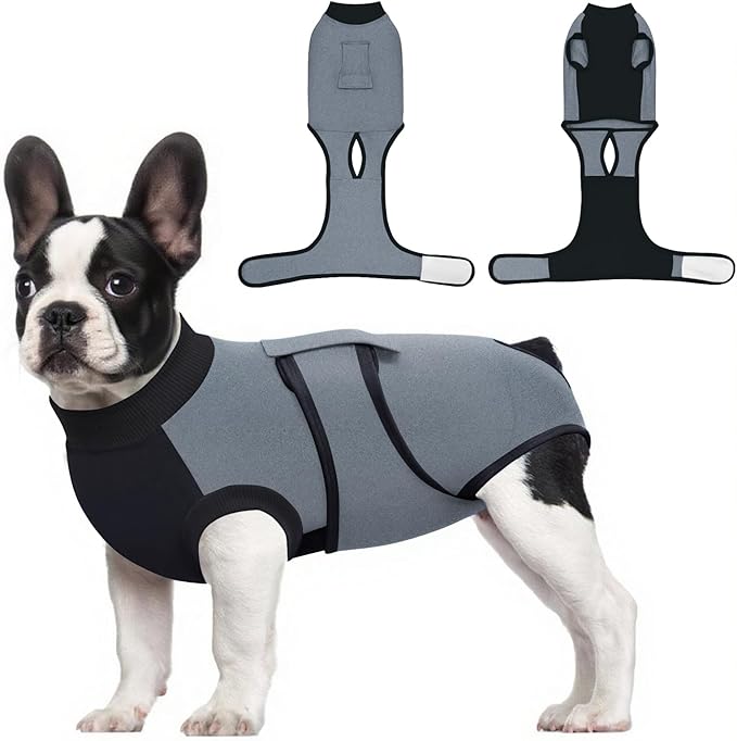 Idepet Dog Recovery Suit Female,Dogs Onesie Suit Surgery Male Breathable Pet Bodysuit for Spay Neuter E-Collar & Cone Alternative Surgical Suit Puppy Abdominal Anti Licking Wounds Shirt (Gray, L)