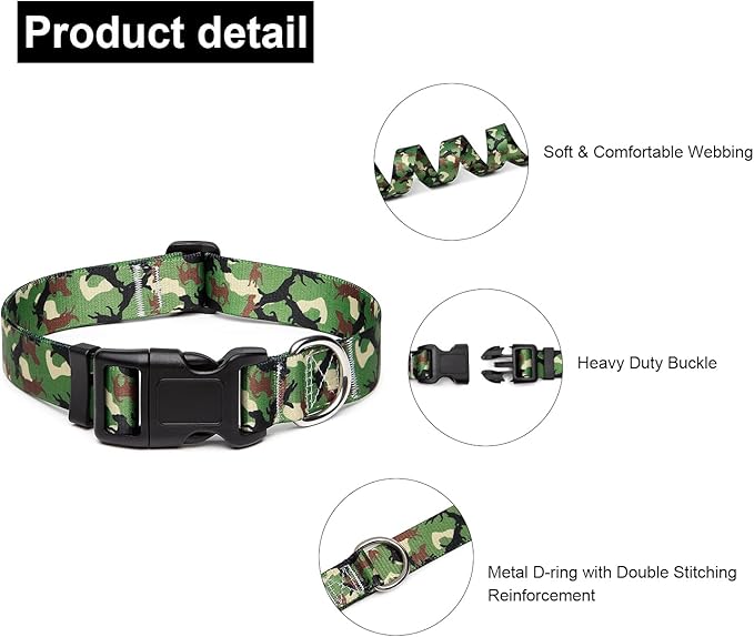 Mercano Adjustable Dog Collar - Special Design Patterns, Soft Nylon Comfortable Durable Pet Collar for Small Medium Large Dogs (S, Dog Camouflage Green)