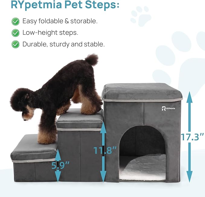 Foldable Pet Stairs for Beds & Sofas - Non-Slip Dog Steps with Storage for Small to Medium Dogs & Cats, Supports up to 120 lbs - Durable 2 & 3-Step Doggie Ladder for Easy Access