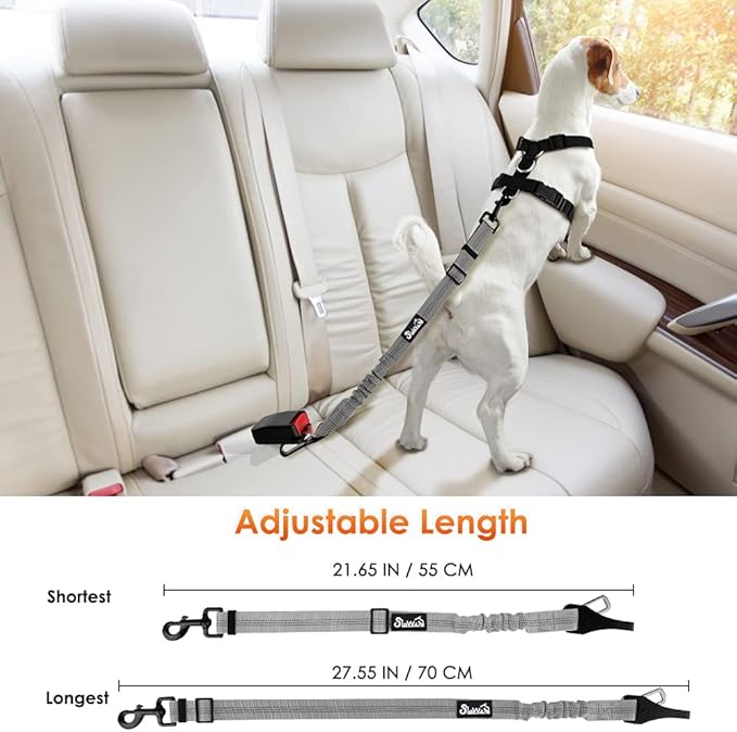 SlowTon 2 Pack Dog Seat Belt, 2 in 1 Attachment, Hook Latch Bar or Seatbelt Buckle with Elastic Nylon Bungee Buffer Adjustable Reflective Nylon Safety Belt Tether Connect to Dog Harness (2pack-GY)