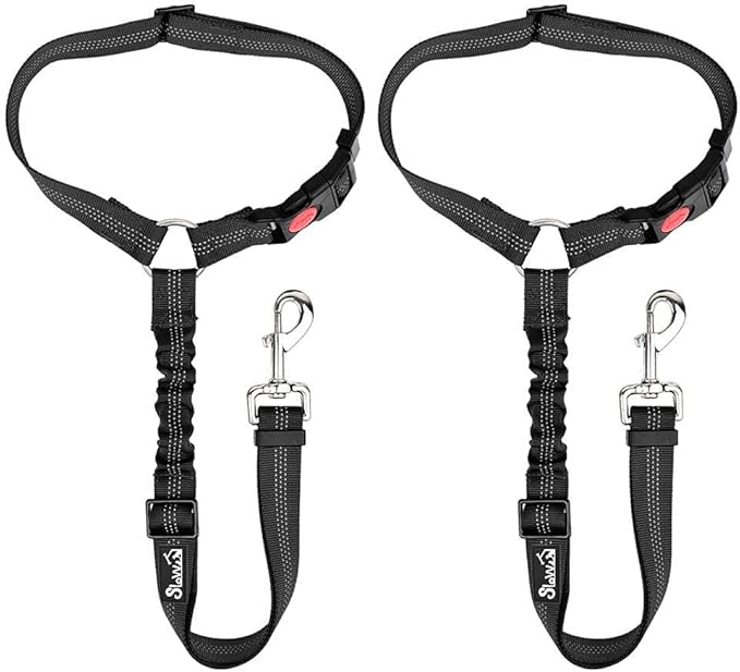 SlowTon Dog Seat Belt for Car, 2 Pack Dog Car Harness Seatbelt Adjustable with Elastic Bungee Buffer, 2 in 1 Pet Car Leash Headrest Restraint Dog Reflective Safety Tether (Black, Headrest)