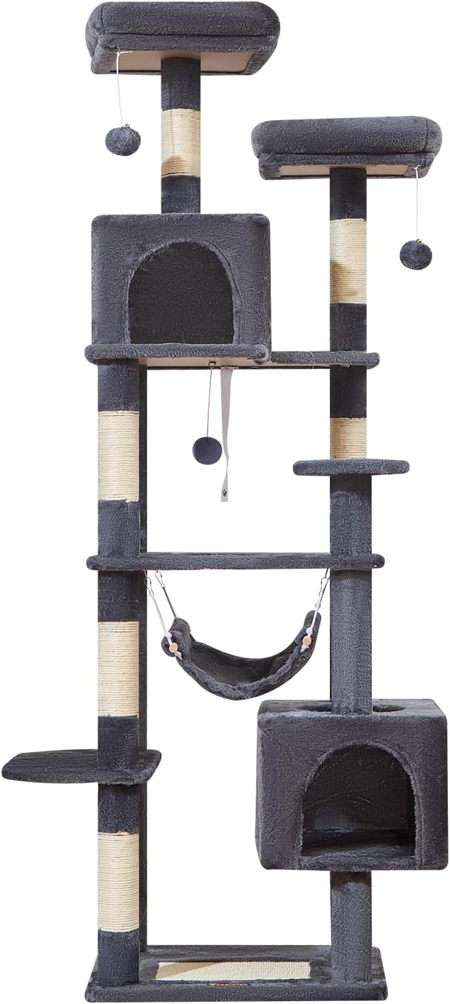 Taoqimiao Cat Tree, 68-Inch Cat Tree Cat Tower for Indoor Cats, Plush Multi-Level Cat Condo with 6 Scratching Posts, 2 Perches, 2 Caves,Hammock, 3 Pompoms,MS020SG Smoky Gray