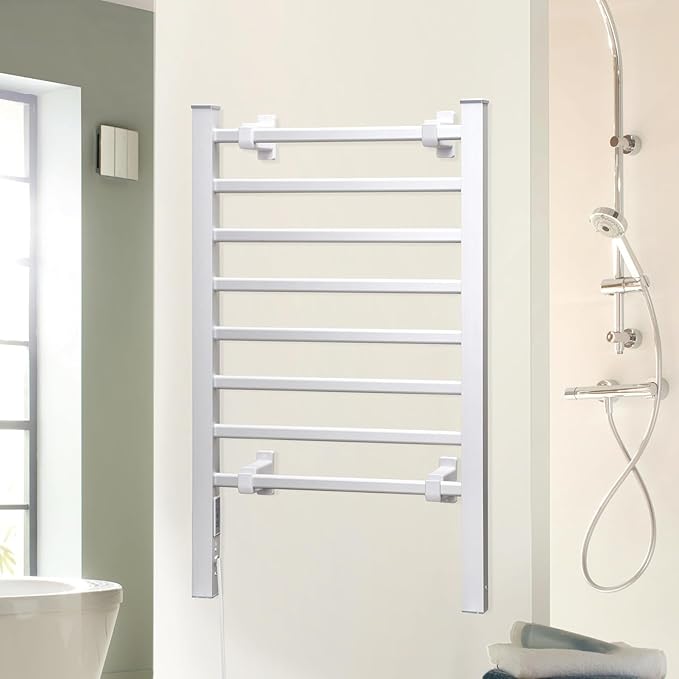 KEG Towel Warmer 8 Bars for Bathroom Freestanding or Wall Mounted Bath Towel Heater Plug-in with Built-in Timer Silver