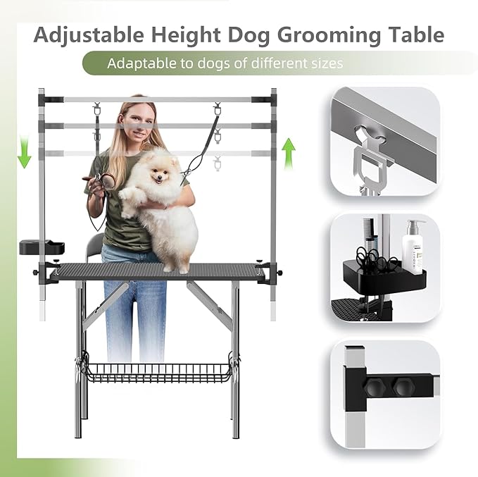 VFK 36" Dog Grooming Table,Foldable Pet Grooming Table for Dogs at Home Black Stainless Steel Bath Grooming Station with Adjustable Arm,Nooses, Mesh Tray,Tool Organizer