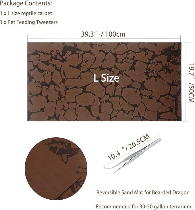 Tfwadmx Reptile Carpet Sand Mat for Bearded Dragon Terrarium Substrate Liner Brown Reversible Lizard Bedding Mats for Cage Leopard Gecko Tortoise Turtle Snake Chameleon with Tweezer 20"x 39"(2 Pcs)