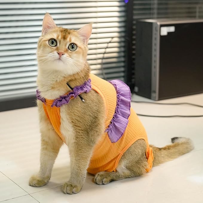 Cat Recovery Suit,Kitten Onesie After Surgery,E-Collar Alternative for Abdominal Wound and Skin Diseases,Soft Breathable Bodysuit After Spay（Orange-s）