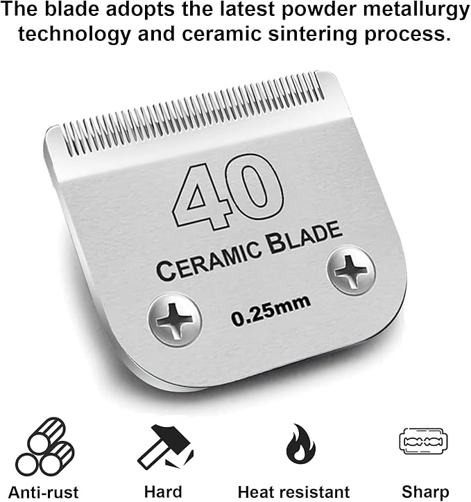 2Pack #40 Dog Grooming Clipper Replacement Blades - Compatible with Andis/Wahl/Oster, Detachable Ceramic & Stainless Steel Blade, Size 40, Cut Length 1/100" (0.25mm)