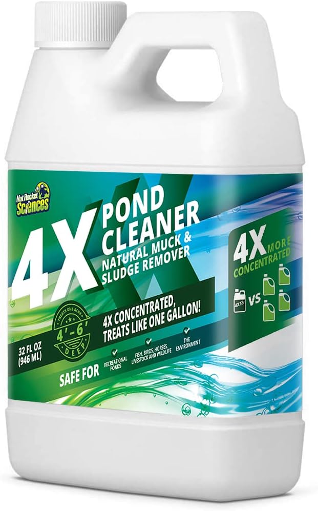 4X Pond Cleaner - Reduces Muck & Sludge for a Clean, Natural Look - Super Concentrated Lake and Water Feature Enzymes Treats Up to 1 Acre, Pair with Dye - Safe for Fish and Wildlife (32 oz)