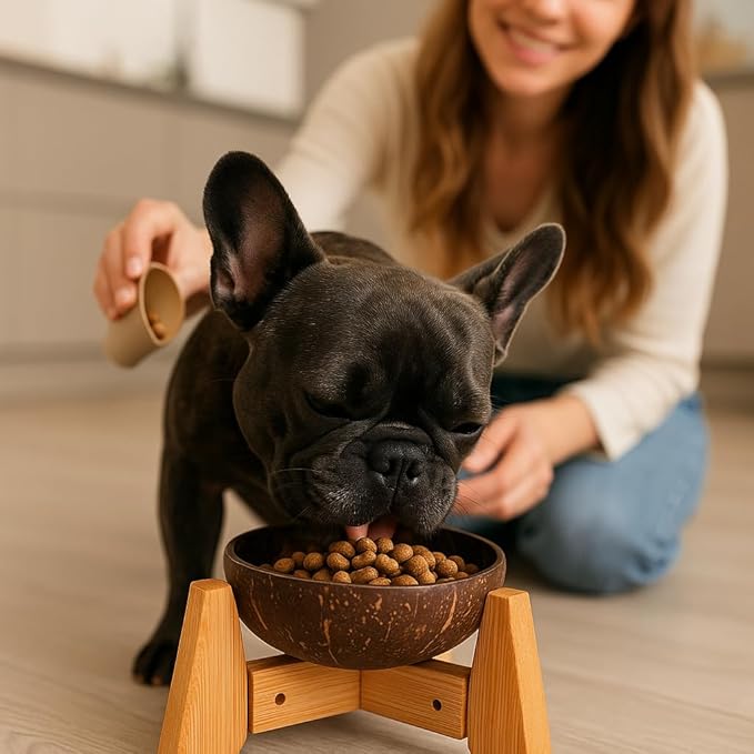 Raised Dog Bowl for Small Dog - Elevated, Ants-Off Stand, Real Coco Bowl, Height 5-inch, 33-oz Dish Capacity - Coconut/Bamboo Natural Calming Effect
