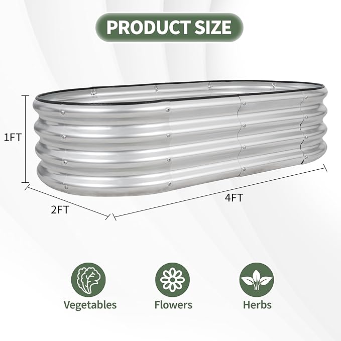 1MORE Galvanized Raised Garden Bed- Planter Garden Boxes Outdoor, Raised Beds for Gardening, 4x2x1ft Metal Garden Bed Kit for Vegetables Flower, Planter Raised Beds with Tools.Silver-2pack