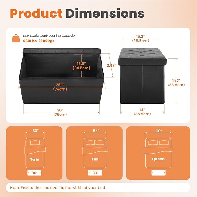 Sweetcrispy 30 Inches Folding Ottoman with Storage Bench, Foot Rest Stool, End of Bed Storage Bench Upholstered, Load 660 lbs, for Living Room, Lychee Grain Leather, Black