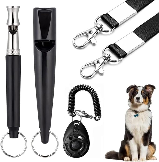 3 PCS Dog Whistles Set, Adjustable Recall Dog Training Whistle Silent Dog Whistle to Stop Barking with Lanyard,Dog Clicker(Black)