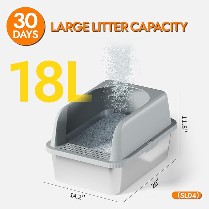 Stainless Steel Cat Litter Box with Lid, 20" L x 14.2" W x11.8 H, Large Cat Litter Box for Multiple Cats with High Sided, No-Leak & Stick, Easy to Clean, Includes Litter Mat & Multi Functional Scoop