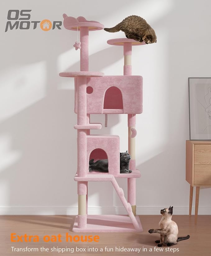 70'' Cat Tree Tower for Indoor Cats Large Adult,Cute/Tall Modern Cat Tree for Big Cats 20 lbs,Plush Multi-Level Cat Condo with Scratching Posts,Dangling Ball for Fun Play(Soft Pink, 70 inch)