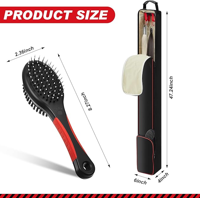 Horse Tail Extension Bag and Double Side Pin and Bristle Comb Brush, Red and Black Fake Horse Tail Bag