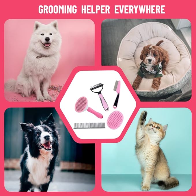 Dog Grooming Kit - Deshedding Brush for Short Hair, Slicker Brush, Flea Comb, Puppy Brush Set in Pink