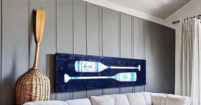 Yihui Arts Coastal Canvas Wall Art - Navy Blue and White Oar Painting for Bedroom Bathroom Decor