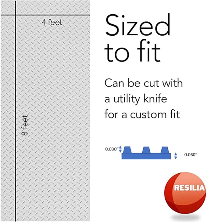 RESILIA Heavy Duty Garage Floor Runner & Protector Mat - Slip Resistant Diamond Plate PVC Mats - Water, Spill, & Stain Resistant, Silver (4 feet x 8 feet)