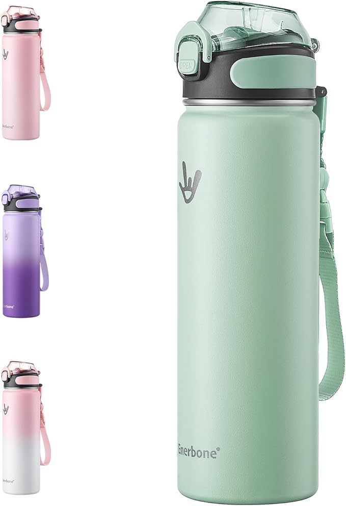 Enerbone 24 oz Insulated Water Bottle, Stainless Steel Bottle with Carrying Strap, Double-Wall Vacuum Insulation Design, Leakproof Sports Bottle with Straw, Keep Drinks Cold or Hot for Hours