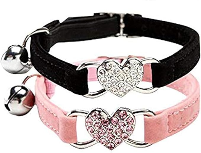 CHUKCHI Pink Soft Velvet Safe Cat Adjustable Collar with Crystal Heart Charm and Bells 8-11 Inches(Black+Pink)